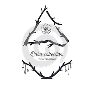 Bohemian style vector collection for tattoo, invitations, flyers, decor with frames, branches of tree,wild plants