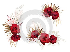 Bohemian style watercolor floral bouquet. Red garden roses, pampas grass. Elegant flowers dry palm leaves editable vector
