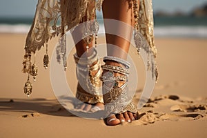 Bohemian styled girl wearing indian silver jewelry on the beach. Generative Ai