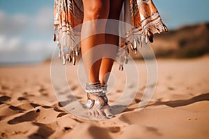 Bohemian styled girl wearing indian silver jewelry on the beach. Generative Ai