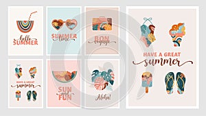 Bohemian Summer, modern summer illustrations and cards design with rainbow, flamingo, pineapple, ice cream and