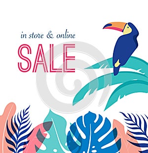 Bohemian Summer, Modern summer sale post design with toucan, flamingo, jungle leaves