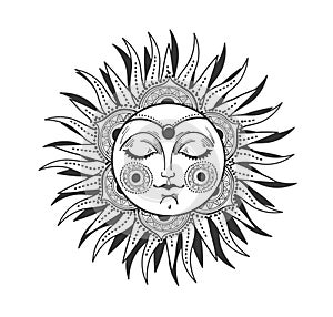 Bohemian Sun with face and rays, mystical line drawing for astrology, tarot icon, witch tattoo. Vector symbol