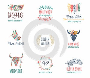 Bohemian, tribal, ethnic icon set with feather, bird and wreath