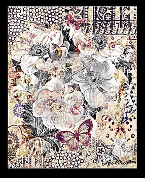 Bohemian Vintage Floral Bouquet Collage Background wall art design