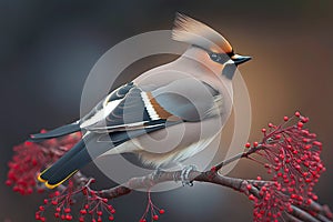 Bohemian Waxwing sitting on a tree branch with red berries