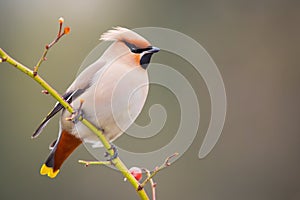 Bohemian waxwing sitting on twig in winter with copyspace