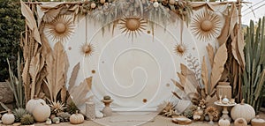 Bohemian Wedding Backdrop with Dried Desert Leaves and Spiritual Sun Motifs â Earthy Neutral Textured Design photo