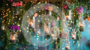bohemian wedding decor, boho wedding vibe with hanging terrariums and beaded curtains for an eclectic and laid-back photo