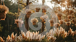 bohemian wedding decor, for a romantic forest elopement, adorn the trees with dried pampas grass and woven baskets for a photo