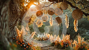 bohemian wedding decor, bohemian wedding vibe with dried pampas grass and woven baskets hanging from trees, perfect for photo