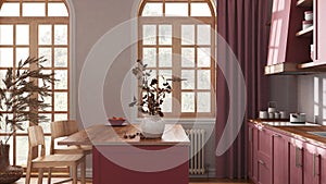 Bohemian wooden kitchen in red and beige tones with island and stools. Parquet floor, shelves and cabinets. Farmhouse retro