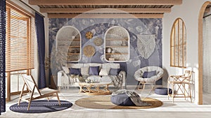 Bohemian wooden living room with wallpaper, parquet and cane ceiling. Sofa, jute carpet and rattan armchairs in white and purple