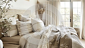 A bohemianinspired bedroom featuring a neutral color scheme of dusty browns faded greens and soft ecru. The mismatched photo