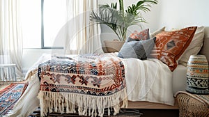 A bohemianinspired bedroom with a mix of patterned and fringed throws on the bed creating a laidback and eclectic vibe photo