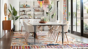A bohemianinspired dining room featuring a bold multicolored woven rug with fringe details adding a touch of whimsy and photo