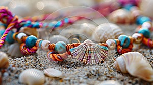 A bohemianinspired handcrafted anklet with a mix of shells beads and colorful strings adding a pop of personality to a photo