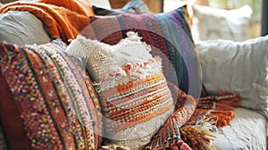 A bohemianinspired lounge with layers of textured throws in various prints and fabrics creating a laidback and eclectic photo