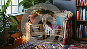 A bohemianinspired reading nook with a rattan chair a colorful kilim rug and a stack of books on a wooden crate side