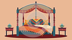 A bohemianstyle bed with a mix of patterned sheets throw blankets and a canopy made of fabric..