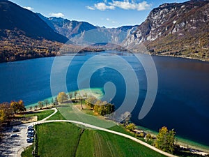 Bohinj lake aerial view of vibrant nature,Slovenia