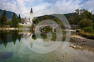 Bohinj lake with church in Slovenia