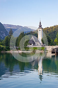 Bohinj Lake, Church of St John the Baptist with bridge. Triglav National Park