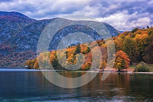 Bohinj lake in Triglav national park, Slovenia. Autumn landscape, travel landmark