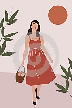 Boho Abstract Wall Art Vectors. Woman with flowers. Girl in a red dress. Floral Background Women Illustration. Neutral Colors.