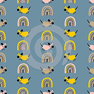 Boho aesthetic seamless pattern with dachshunds and rainbows. Summer simple print for T-shirt, textile and fabric. Hand drawn