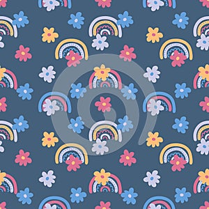 Boho aesthetic seamless pattern with flowers and rainbows. Summer simple print for T-shirt, textile and fabric. Hand drawn