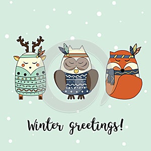 Boho animals in hand drawn style. Winter, seasonal greeting card, banner, vector background.