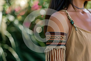 boho arm band on upper arm with a sleeveless top