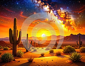 Boho art of a desert with cacti on a dark, starry night. Generated image