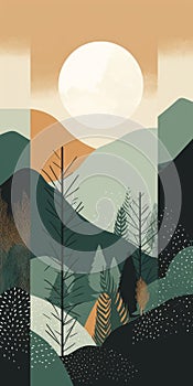 Boho Art: Minimalist Boreal Forest Mountain Landscape photo