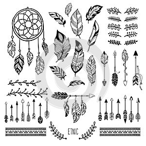 Boho art. Tribal arrow feather, bohemian floral border and hippie fashion frame vector elements set