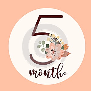 Boho baby first year Milestone cards with flowers. Today I am five month old. Flat vector digit 5 with a botanical