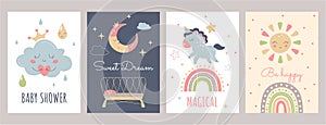 Boho baby posters with cute sun, rainbow, moon, unicorn, cradle in Scandinavian style