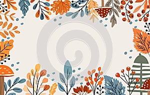 Boho banner with elements autumn, colored tree, autumn leaves, mushrooms and forest berries. Perfect for web, harvest