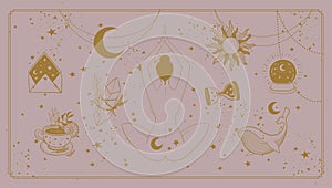 Boho banner about female magic, meditating woman with magic symbols, sun, moon, magic ball on space background. Vector