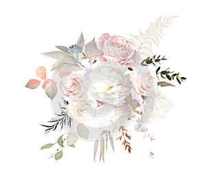 Boho beige and blush trendy vector design bouquet. Pastel fern, ivory peony, creamy magnolia