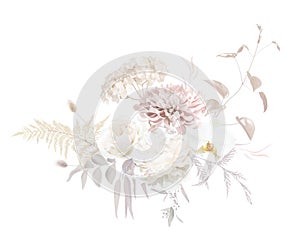 Boho beige and blush trendy vector design bouquet. Pastel pampas grass, ivory rose, hydrangea, dusty pink dahlia