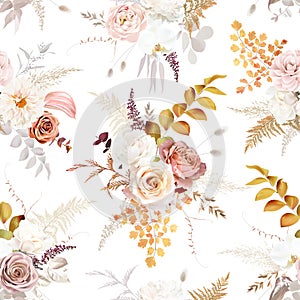 Boho beige and blush trendy vector design seamless pattern. Pastel pampas grass, ivory peony, creamy orchid