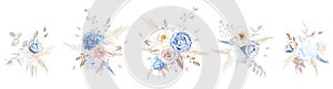 Boho beige and dusty blue trendy vector design bouquets. Pastel pampas grass, carnation, lavender, peony