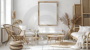 Boho beige livingroom with armchair and lamp background. Generative Ai