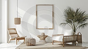 Boho beige livingroom with armchair and lamp background. Generative Ai