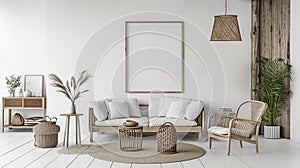 Boho beige livingroom with armchair and lamp background. Generative Ai