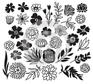 Boho black decorative plants and flowers collection.