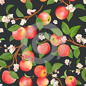 Boho botanical apple seamless pattern. Vector autumn fruits, flowers, leaves texture. Summer floral background