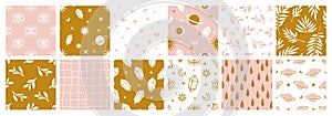 Boho celestial seamless patterns with with constellations, sun, moon, magic eyes, stars, cosmic and floral elements.